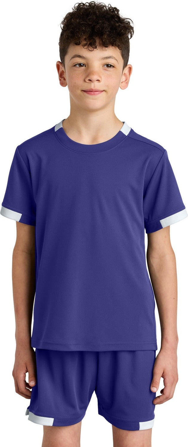 Front View of Purple/Wh Sport-Tek Youth Club Short Sleeve Crew YST440