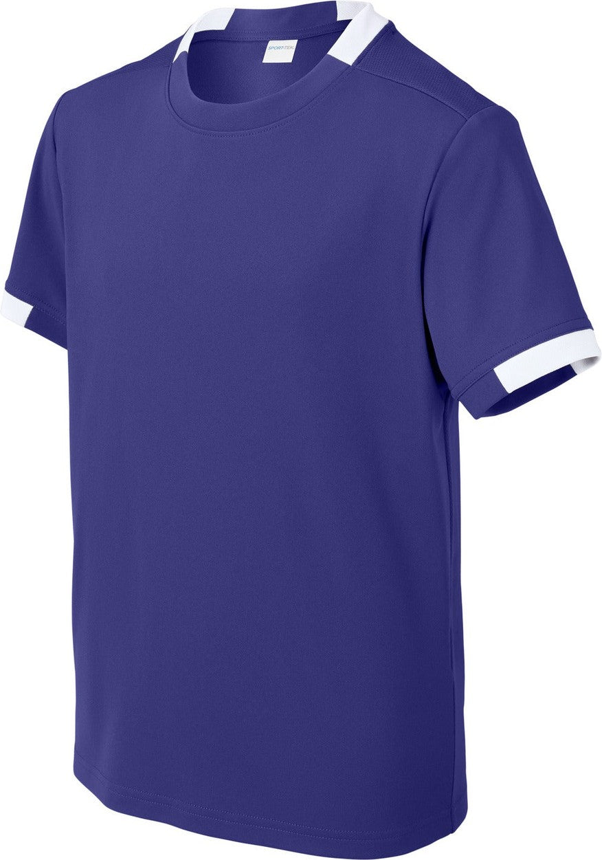 Front View of Purple/Wh Sport-Tek Youth Club Short Sleeve Crew YST440