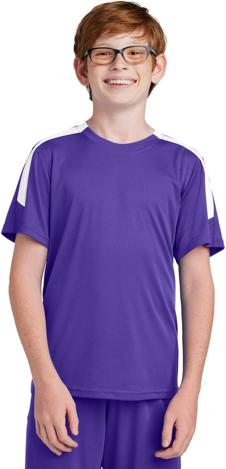 Front View of Purple/Wh Sport-Tek Youth Competitor United Crew YST100