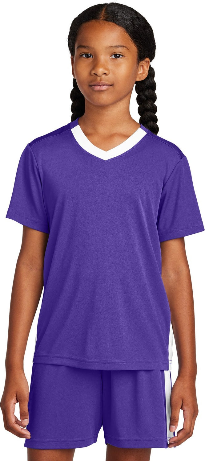 Front View of Purple/Wh Sport-Tek Youth Competitor United V-Neck YST101