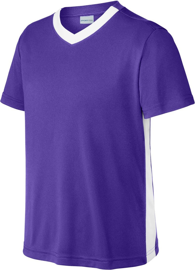 Front View of Purple/Wh Sport-Tek Youth Competitor United V-Neck YST101