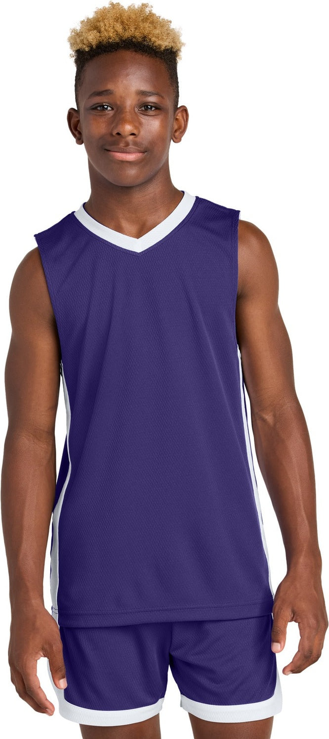 Front View of Purple/Wh Sport-Tek Youth Rival Basketball Rev Jersey YST900