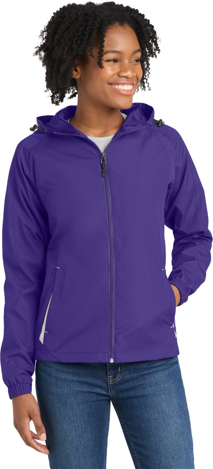 Front View of Purple/White Sport-Tek Women's Colorblock Hooded Raglan Jacket. LST76