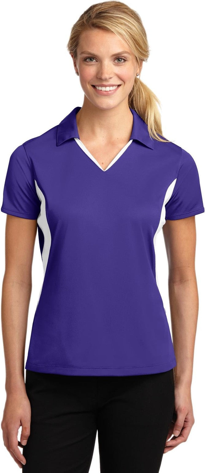 Front View of Purple/White Sport-Tek Women's Side Blocked Micropique Sport-Wick Polo. LST655