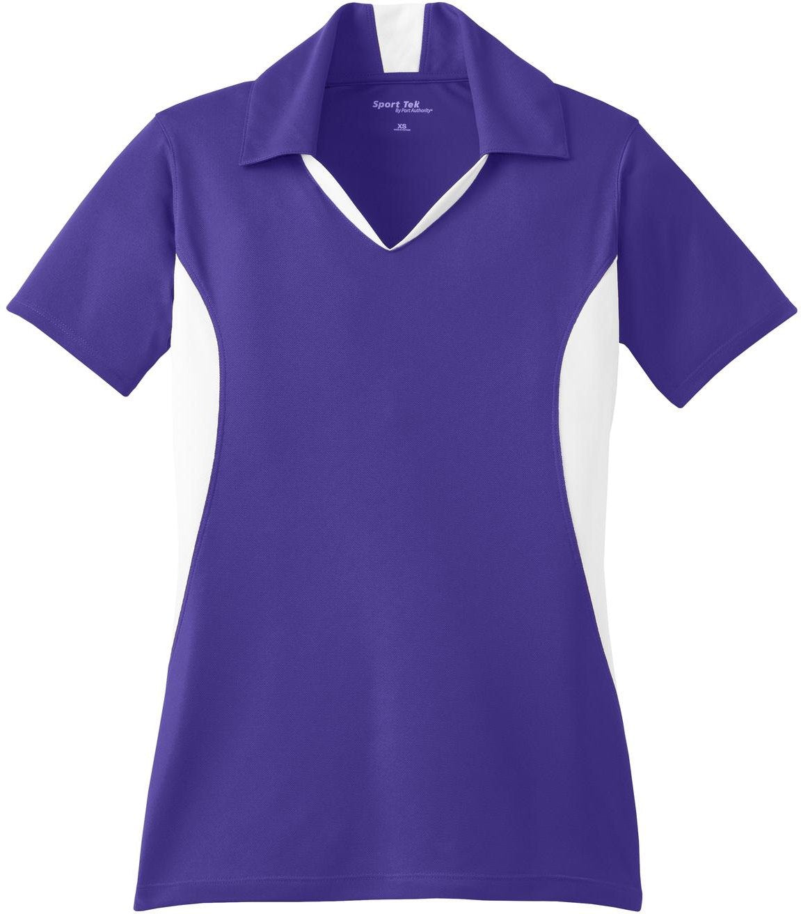 Front View of Purple/White Sport-Tek Women's Side Blocked Micropique Sport-Wick Polo. LST655