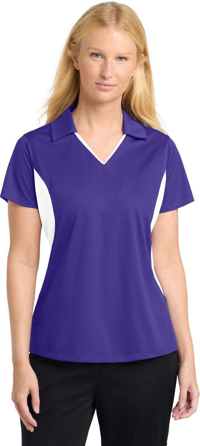 Front View of Purple/White Sport-Tek Women's Side Blocked Micropique Sport-Wick Polo. LST655