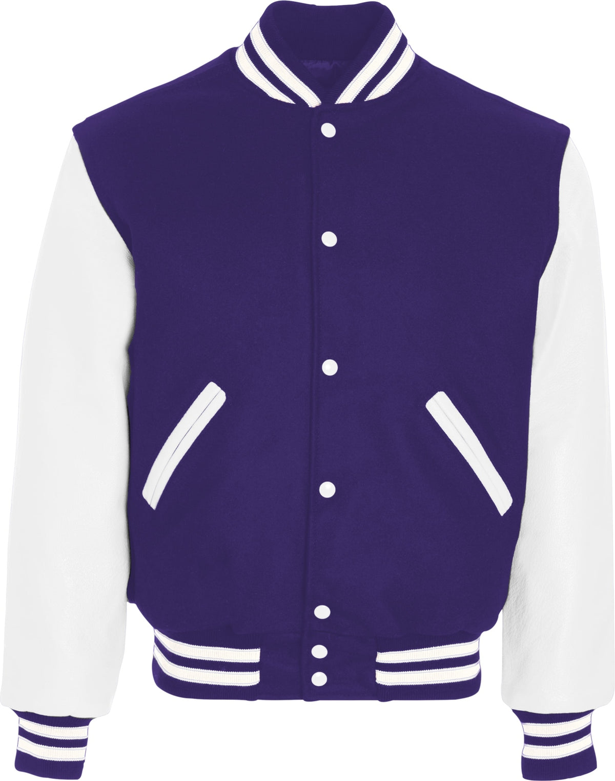 Front View of PURPLE/WHITE VARSITY WOOL JACKET