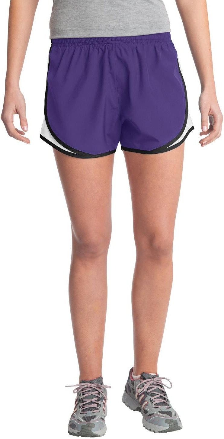 Front View of Purple/Wht/Blk Sport-Tek Women's Cadence Short. LST304