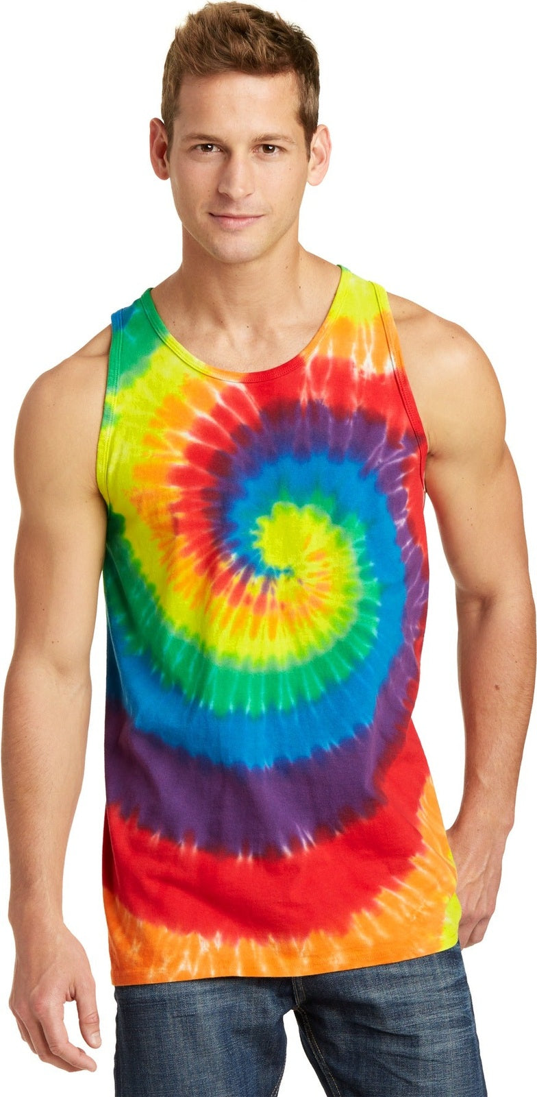 Front View of Rainbow Port & Co Tie-Dye Tank Top. PC147TT