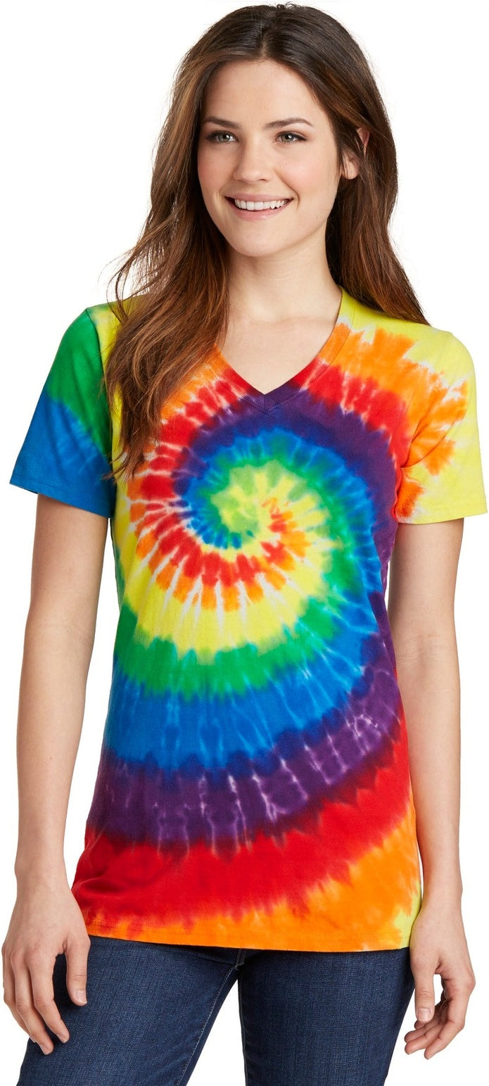Front View of Rainbow Port & Co Women's Tie-Dye V-Neck Tee. LPC147V