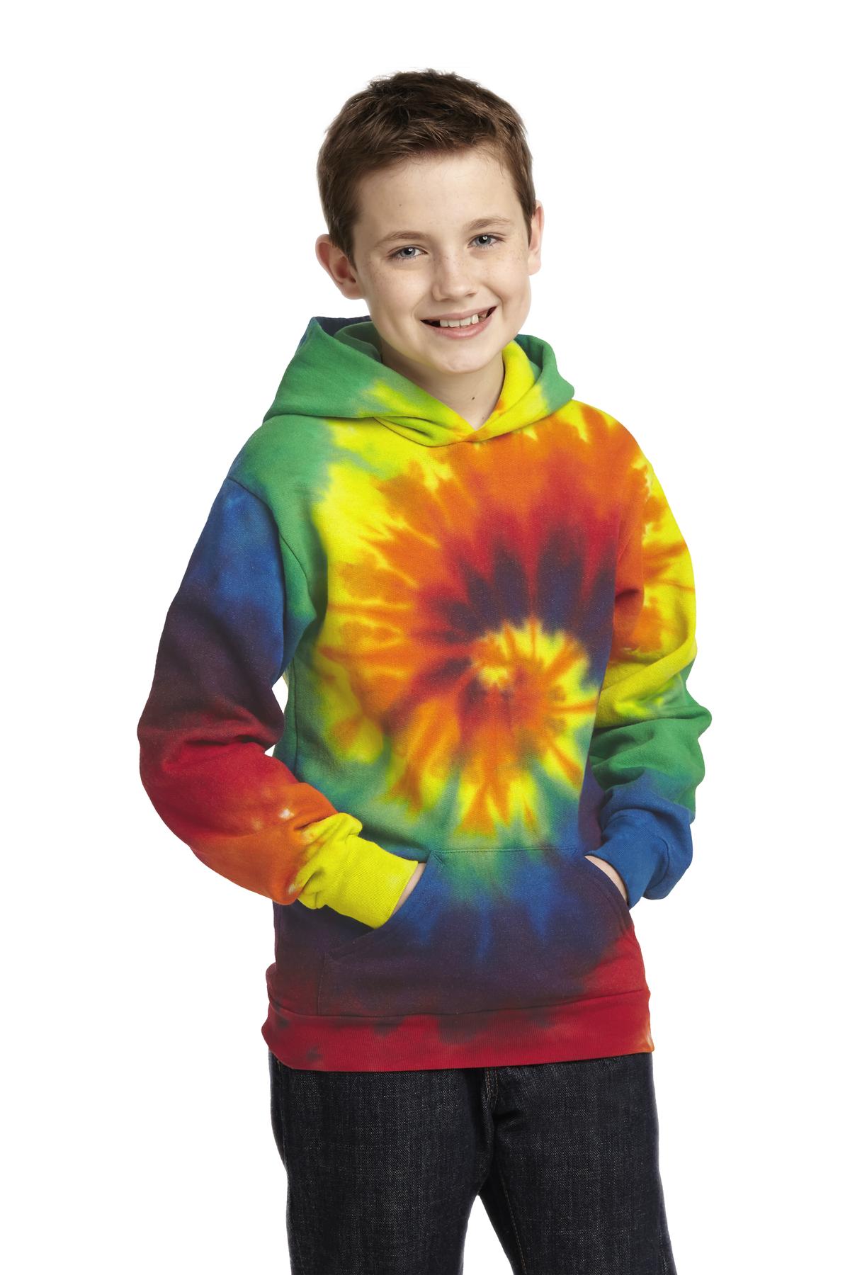Front View of Rainbow Port & Co Youth Tie-Dye Pullover Hooded Sweatshirt. PC146Y