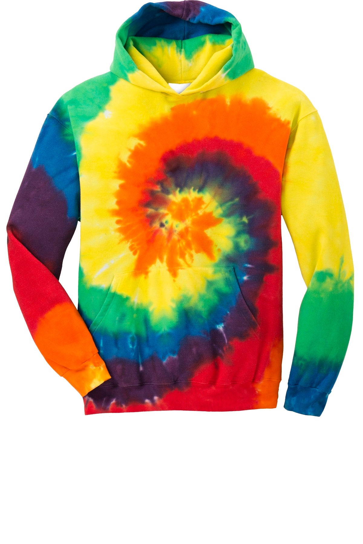 Front View of Rainbow Port & Co Youth Tie-Dye Pullover Hooded Sweatshirt. PC146Y