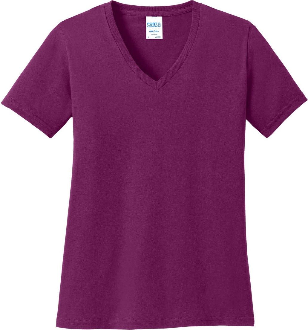Front View of Raspberry Port & Co Women's Core Cotton V-Neck Tee. LPC54V