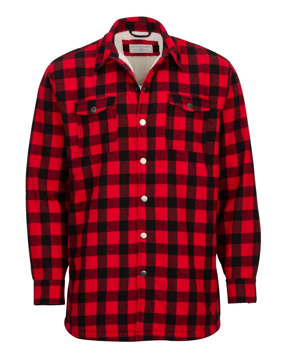 Front View of Red/ Black Buffalo Plaid Flannel Sherpa Workshirt - BM7601