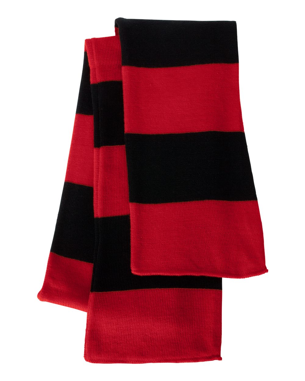 Front View of Red/ Black Rugby-Striped Knit Scarf - SP02