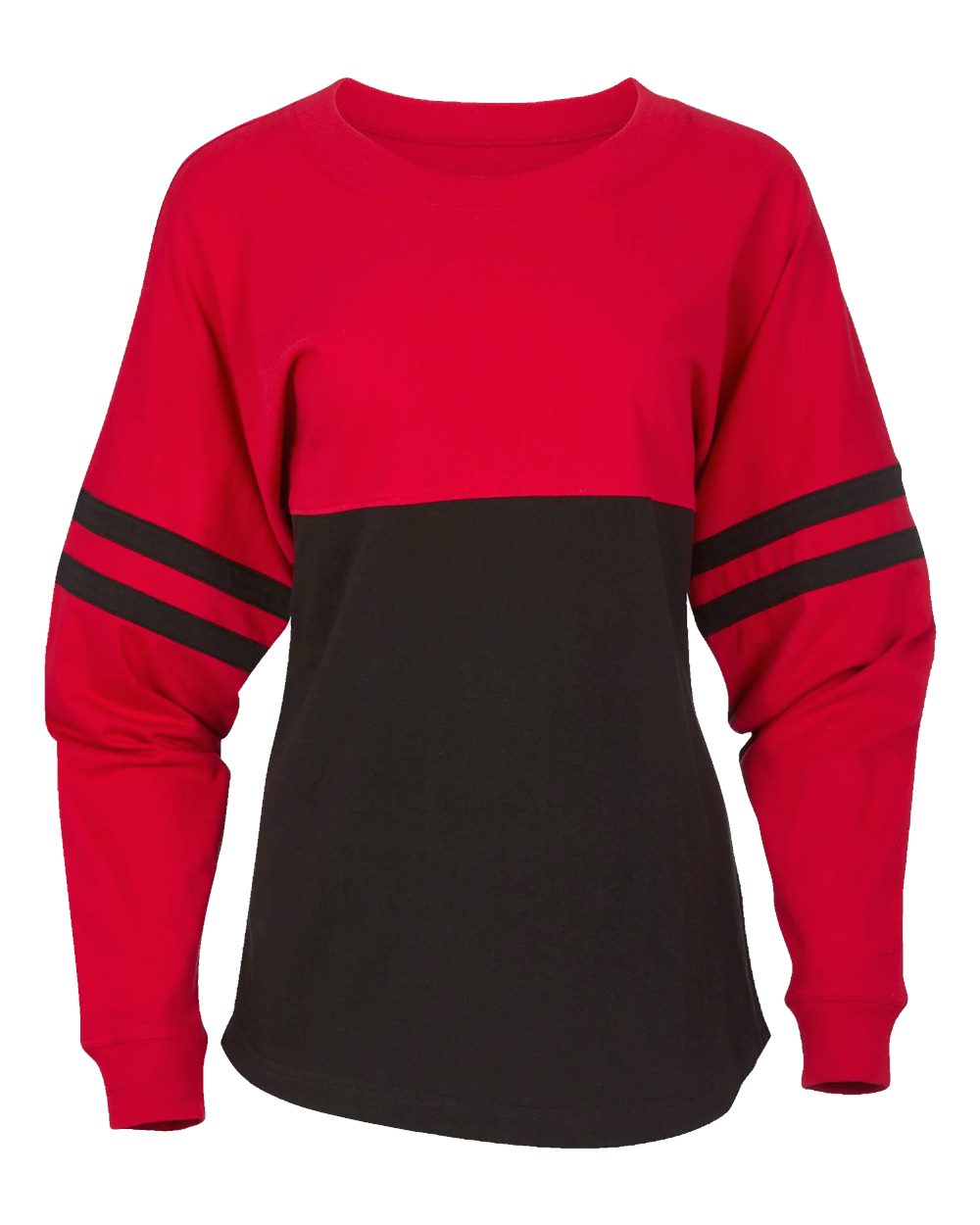 Front View of Red/ Black Women's Pom Pom Long Sleeve Jersey T-Shirt - BW3514