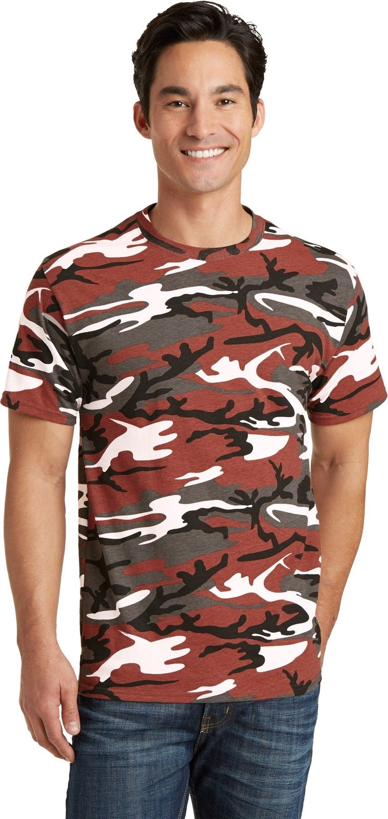 Front View of Red Camo Port & Co Core Cotton Camo Tee. PC54C