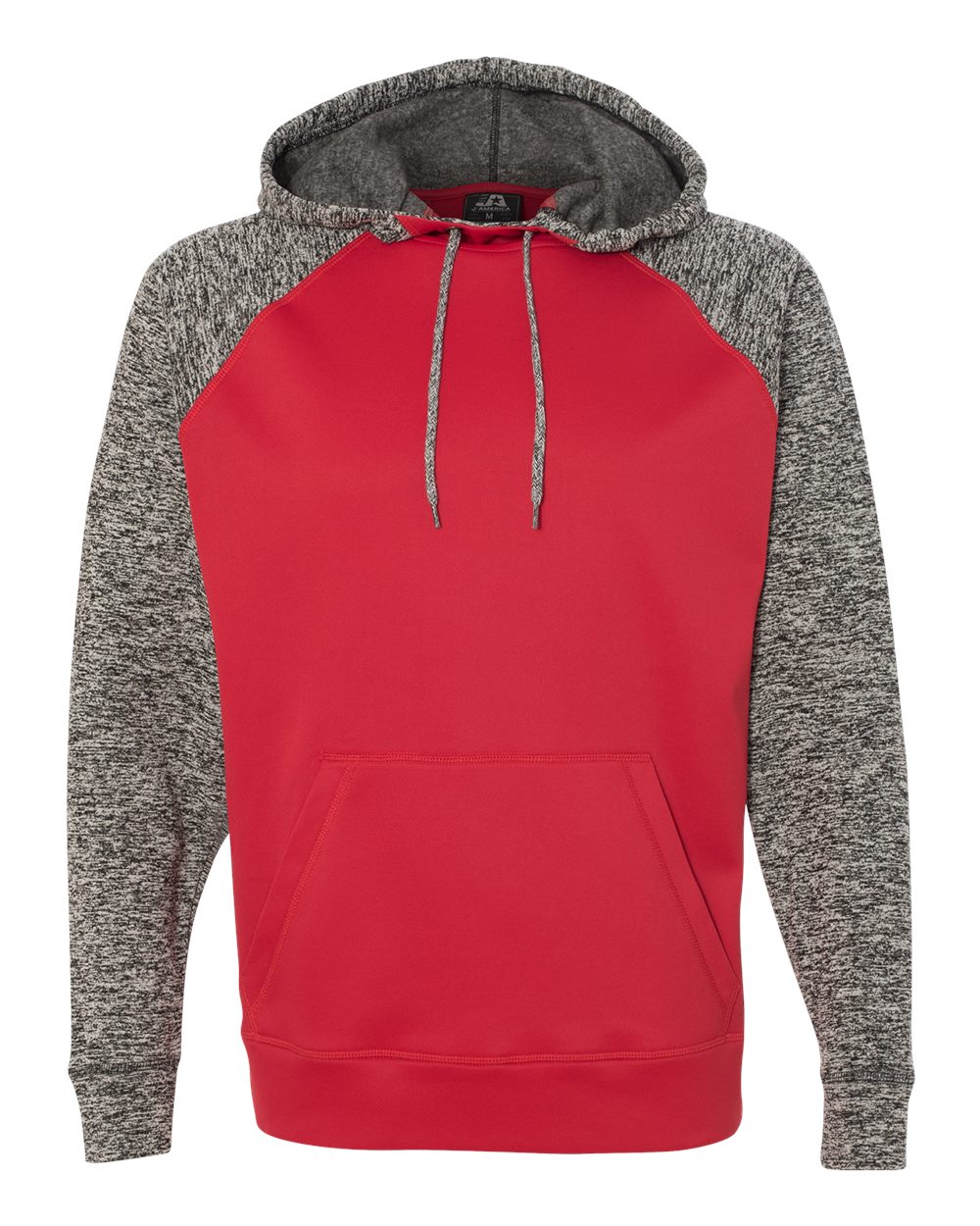 Front View of Red/ Charcoal Fleck Colorblocked Cosmic Fleece Hooded Sweatshirt - 8612