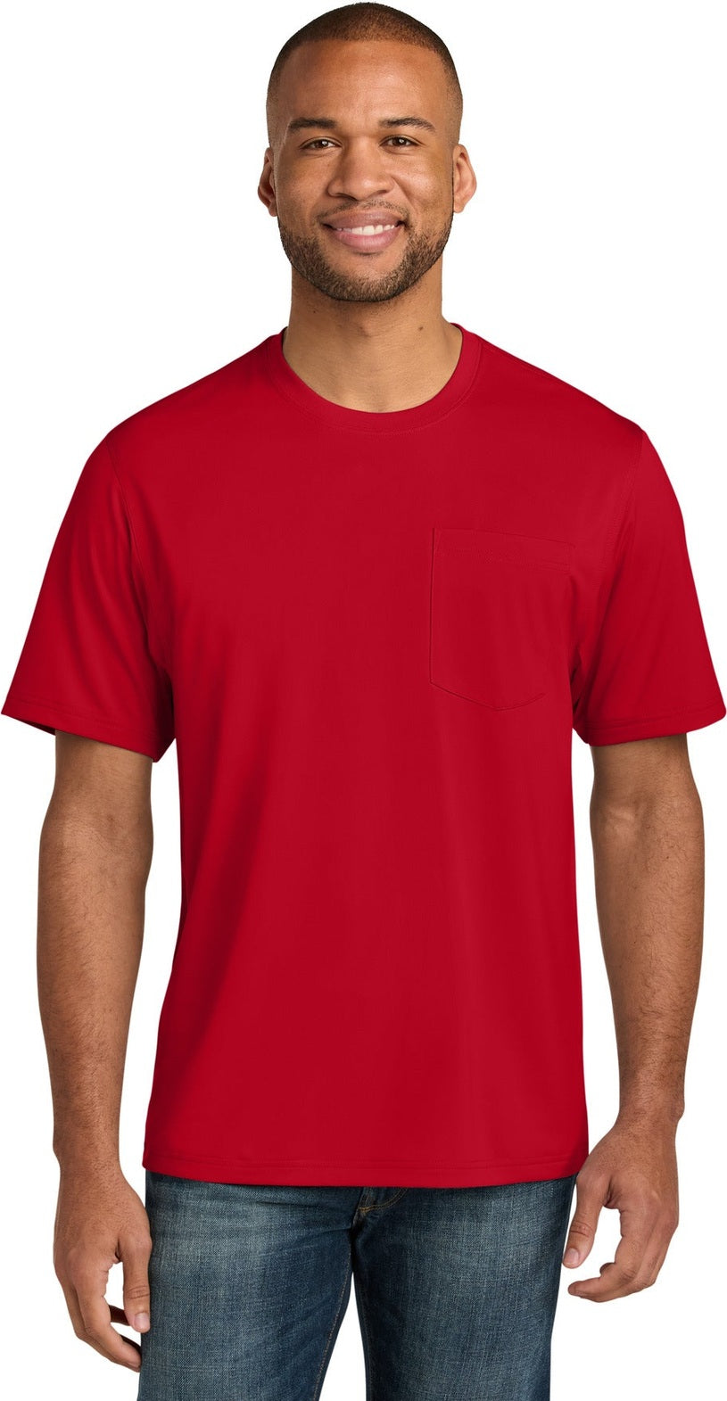 Front View of Red CornerStone Workwear Pro Short Sleeve Pocket Tee CS440P