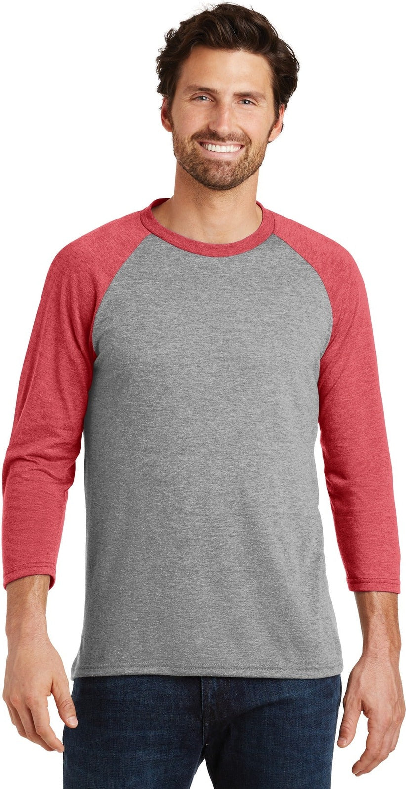 Front View of Red Fr/Grey Fr District Perfect Tri 3/4-Sleeve Raglan. DM136