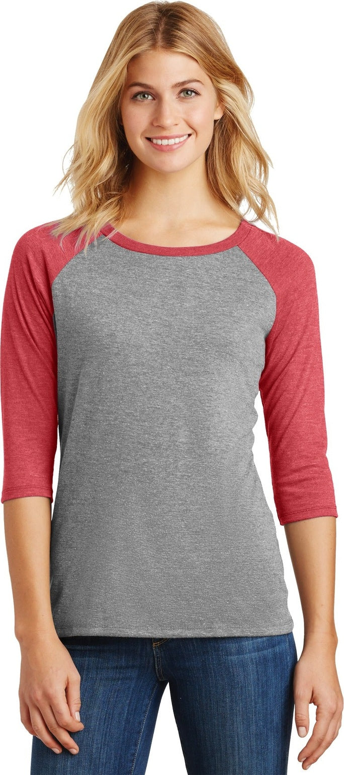 Front View of Red Fr/Grey Fr District Women's Perfect Tri 3/4-Sleeve Raglan. DM136L