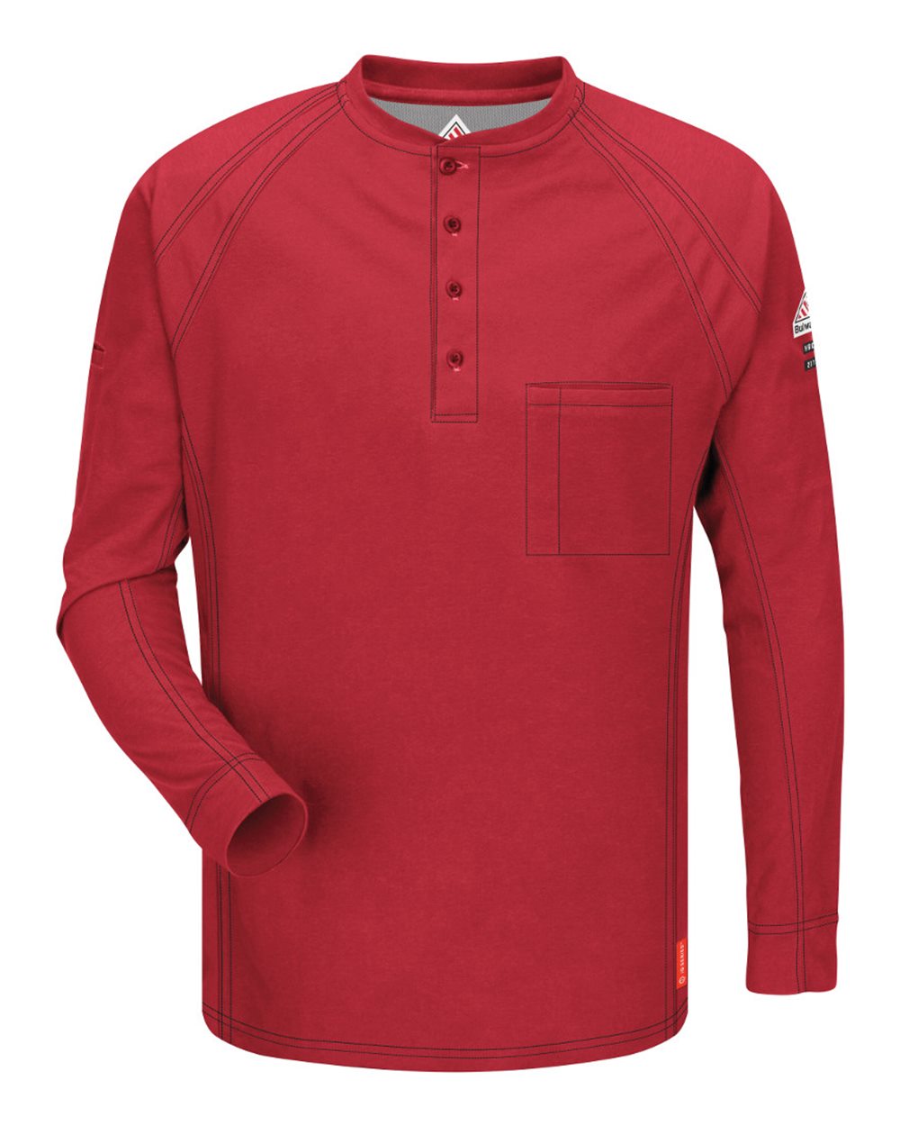 Front View of Red Long Sleeve Henley - QT20
