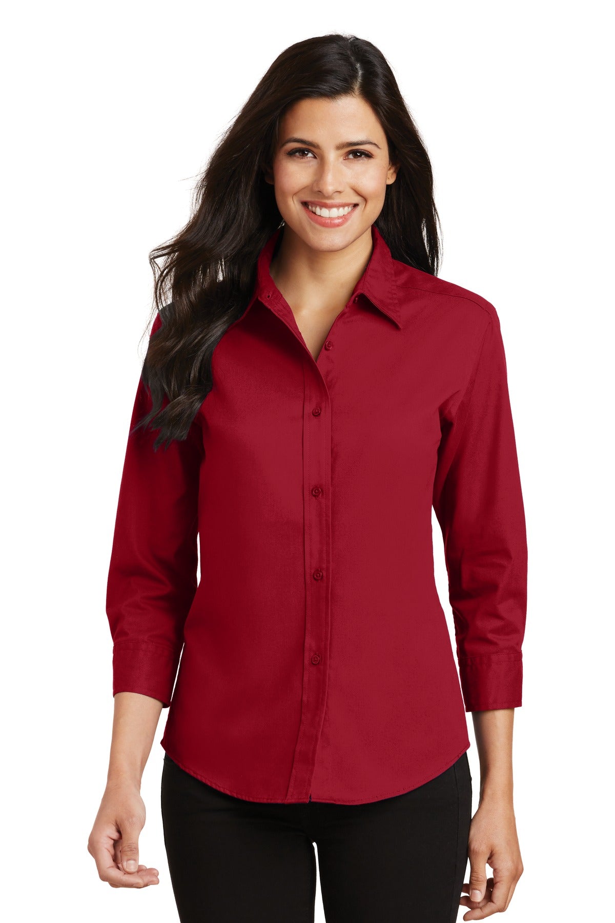Front View of Red Port Authority Women's 3/4-Sleeve Easy Care Shirt. L612