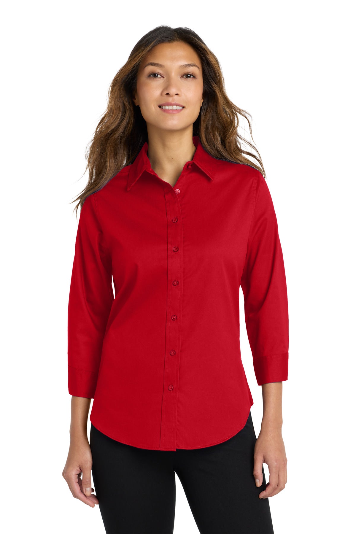 Front View of Red Port Authority Women's 3/4-Sleeve Easy Care Shirt. L612