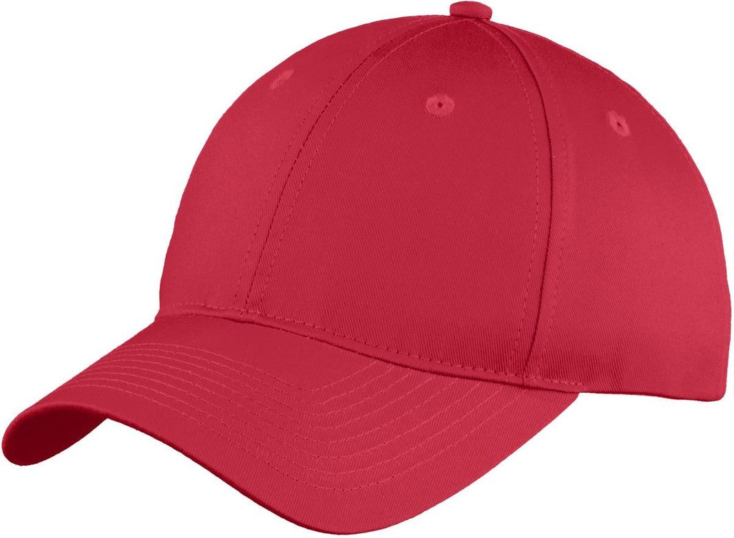 Front View of Red Port Authority Youth Six-Panel Unstructured Twill Cap. YC914