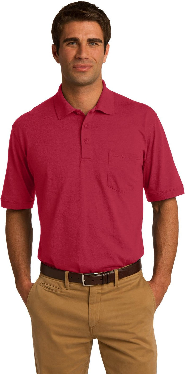 Front View of Red Port & Co Core Blend Jersey Knit Pocket Polo. KP55P