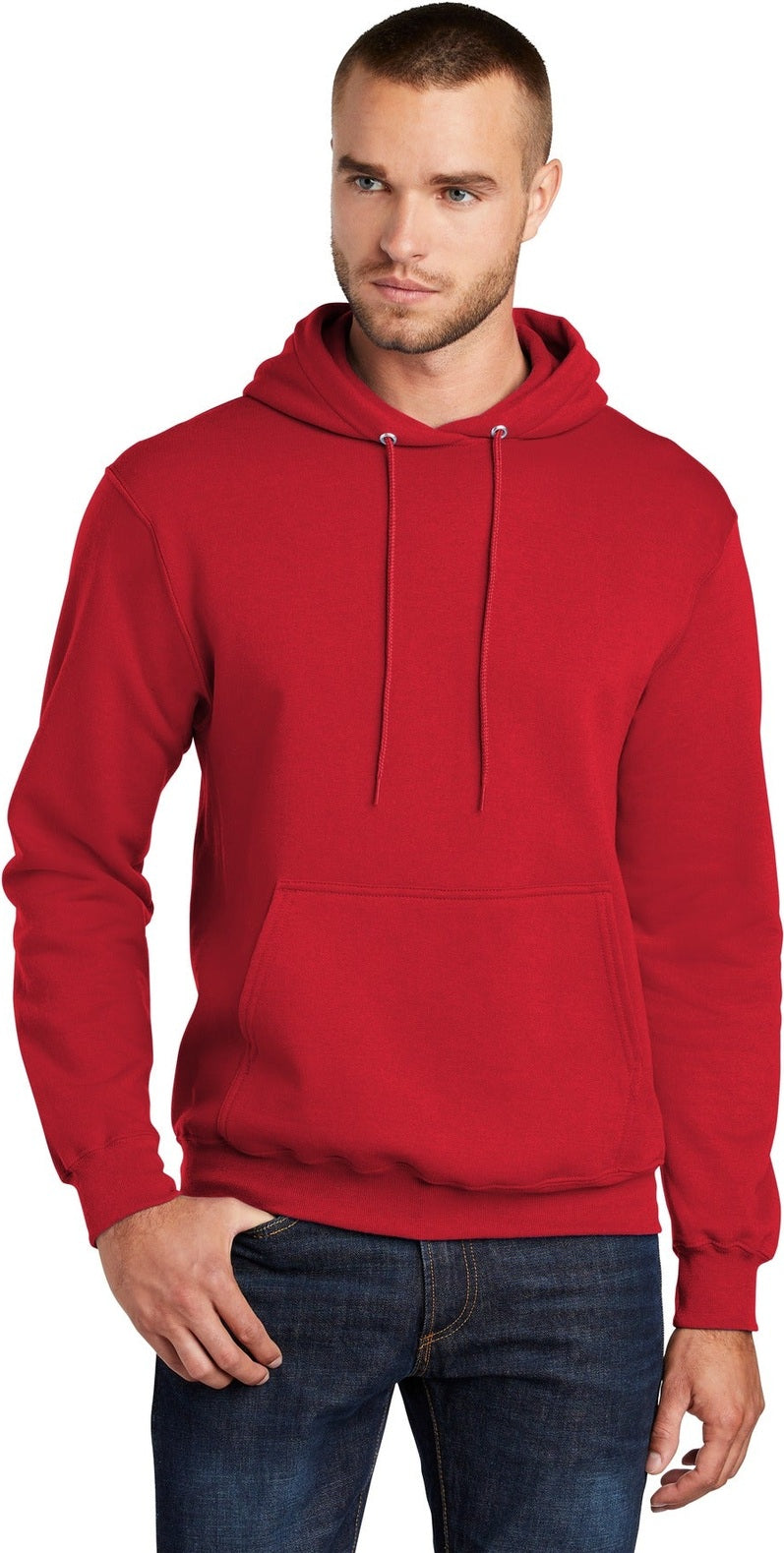 Front View of Red Port & Co Core Fleece Pullover Hooded Sweatshirt. PC78H