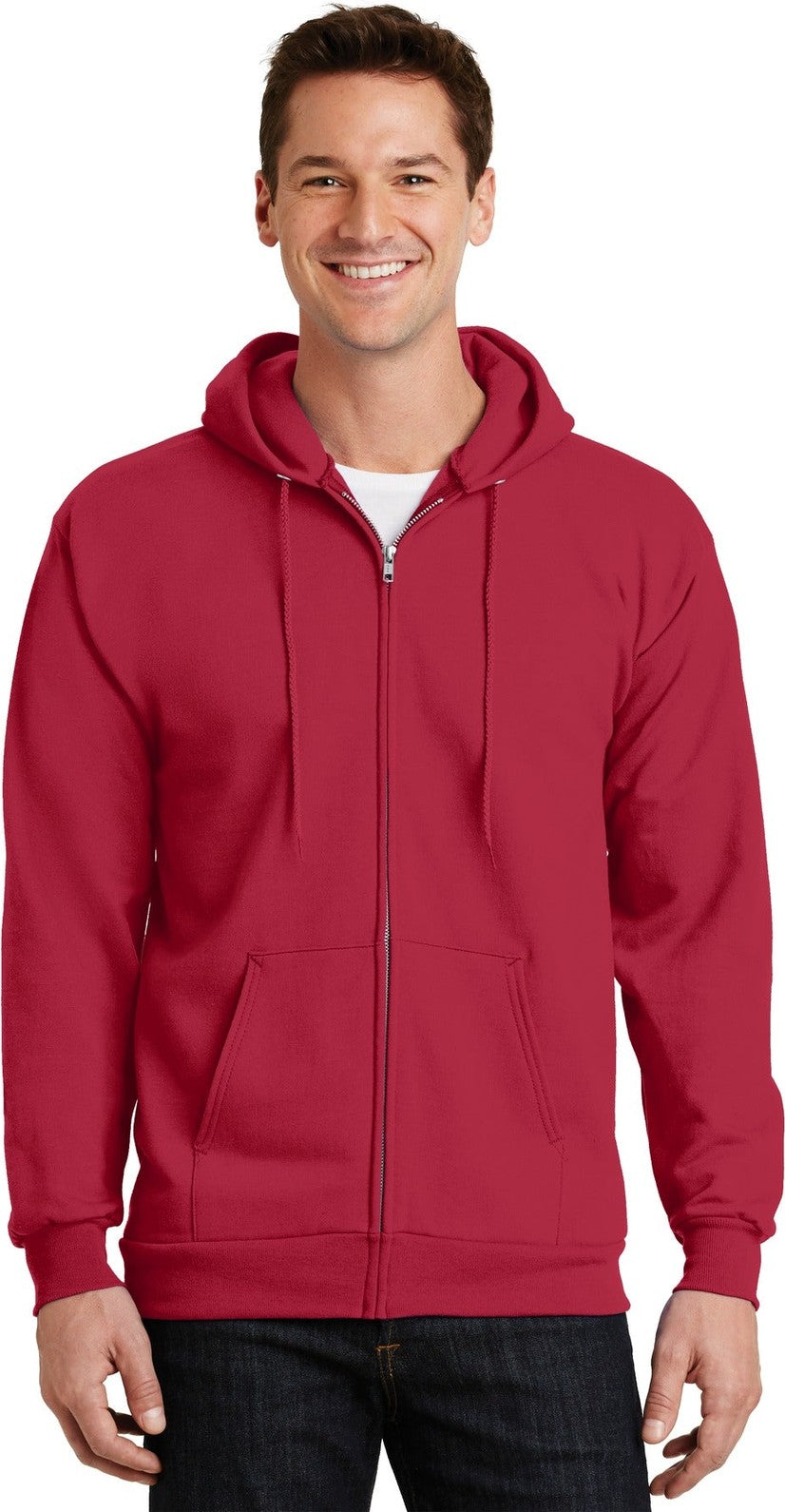 Front View of Red Port & Co Essential Fleece Full-Zip Hooded Sweatshirt. PC90ZH