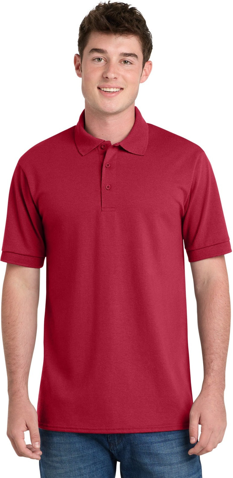 Front View of Red Port & Co Tall Core Blend Jersey Knit Polo. KP55T