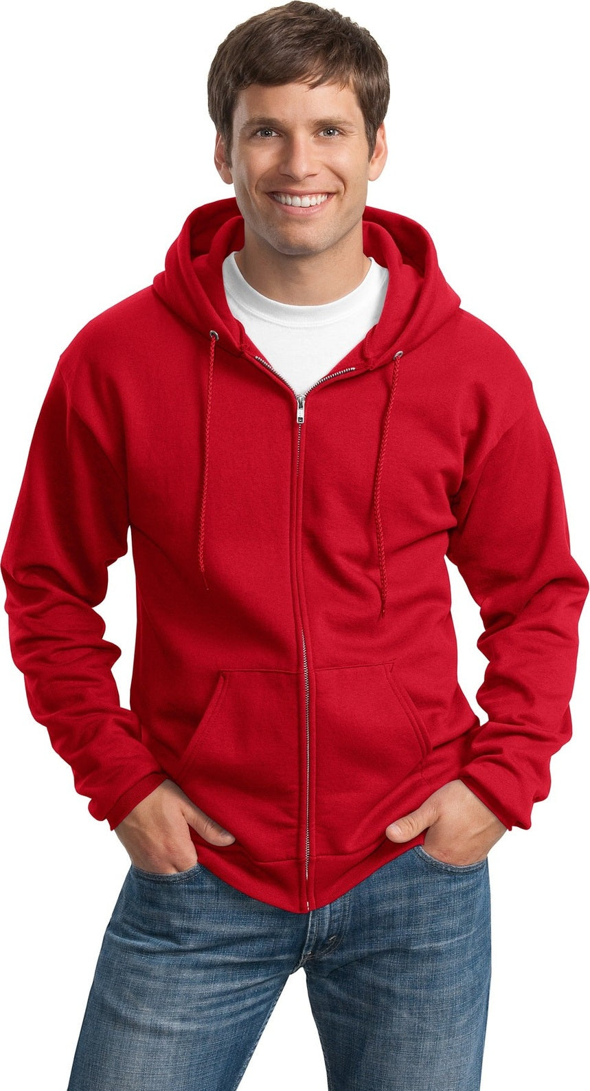 Front View of Red Port & Co Tall Essential Fleece Full-Zip Hooded Sweatshirt. PC90ZHT