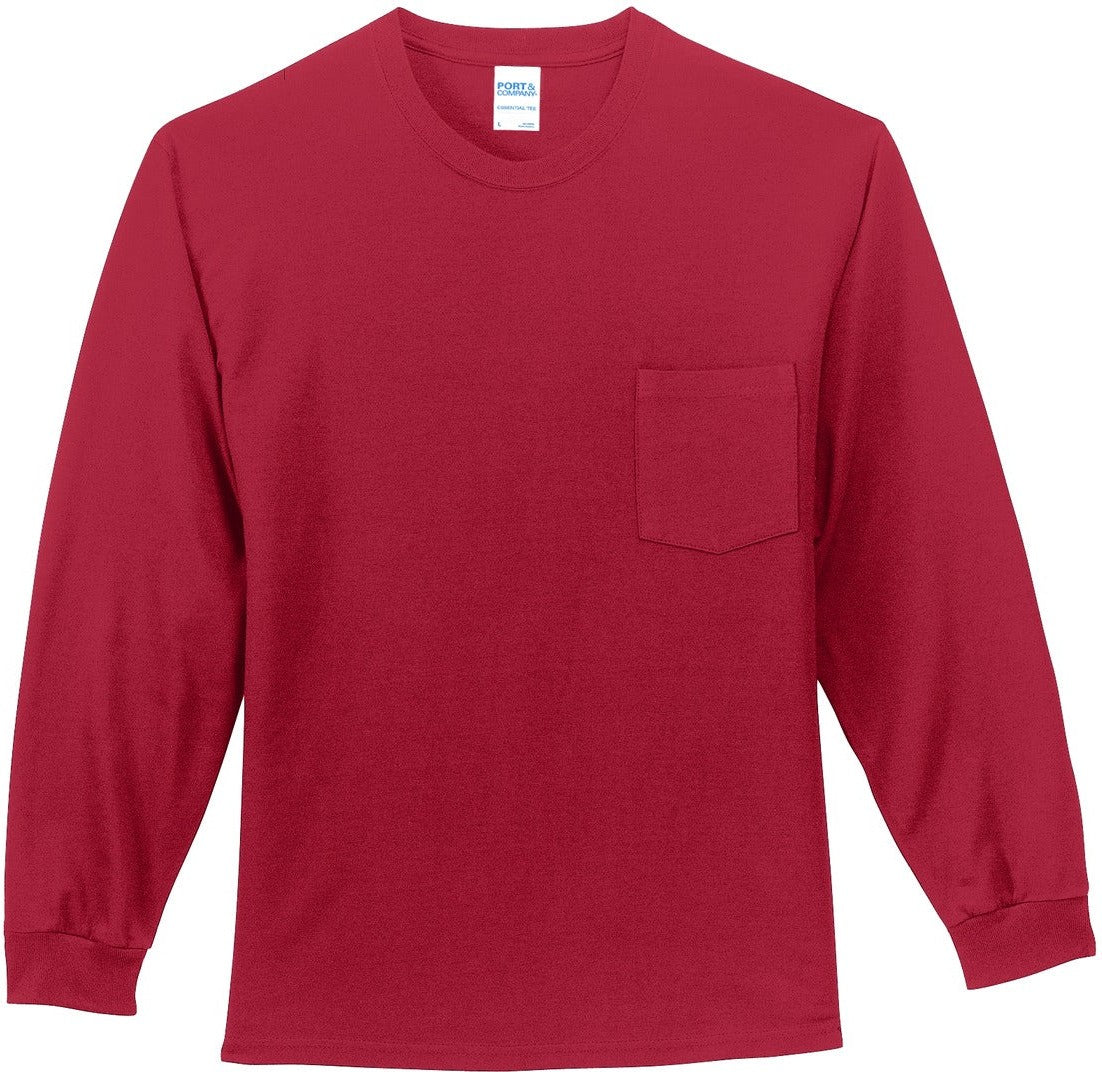 Front View of Red Port & Co Tall Long Sleeve Essential Pocket Tee. PC61LSPT