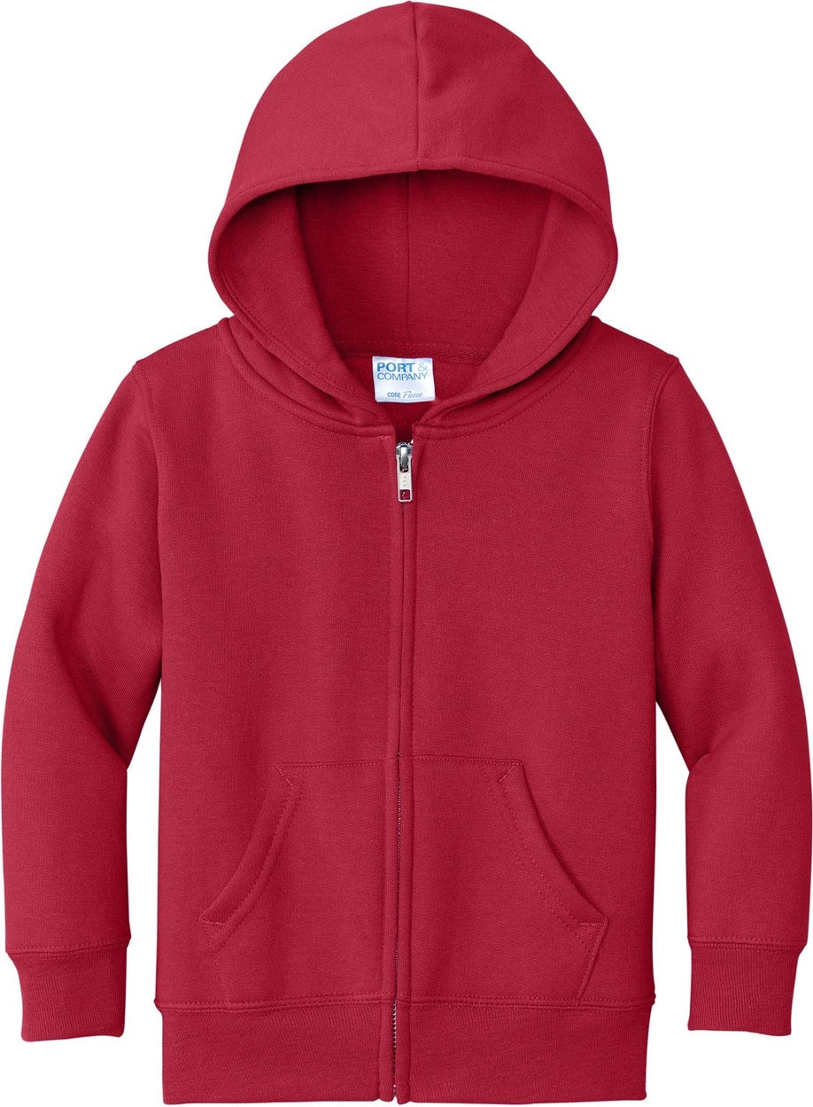 Front View of Red Port & Co Toddler Core Fleece Full-Zip Hooded Sweatshirt. CAR78TZH