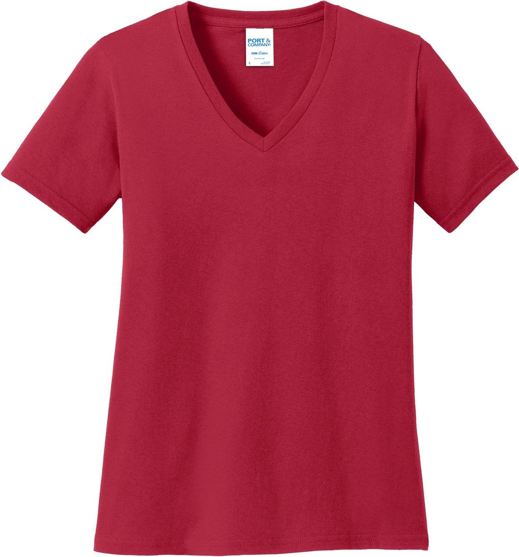 Front View of Red Port & Co Women's Core Cotton V-Neck Tee. LPC54V