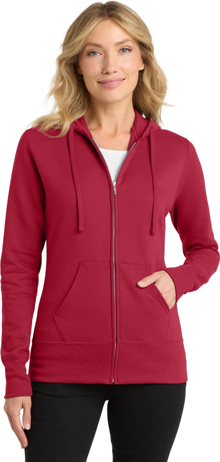 Front View of Red Port & Co Women's Core Fleece Full-Zip Hooded Sweatshirt. LPC78ZH