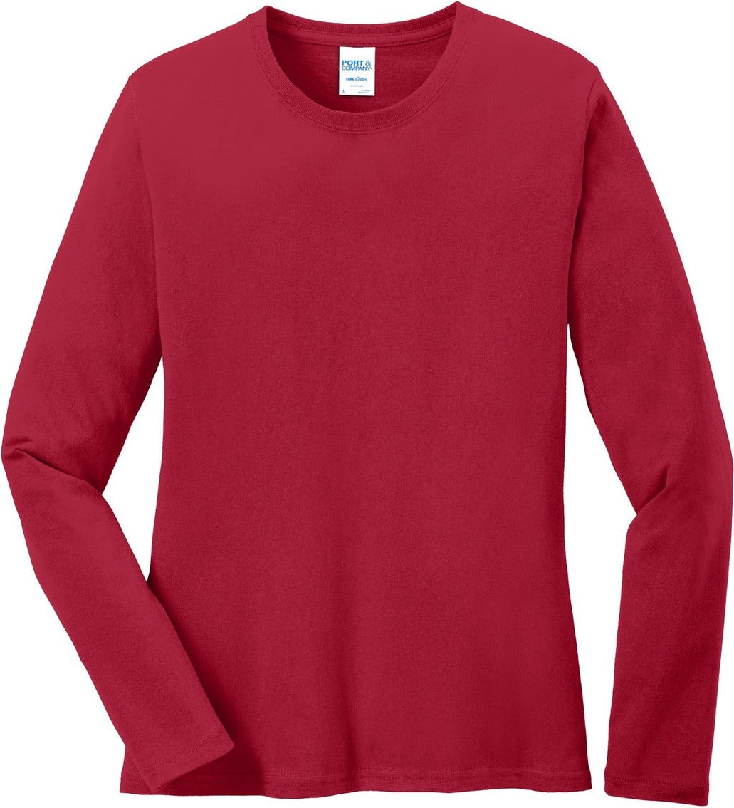 Front View of Red Port & Co Women's Long Sleeve Core Cotton Tee. LPC54LS