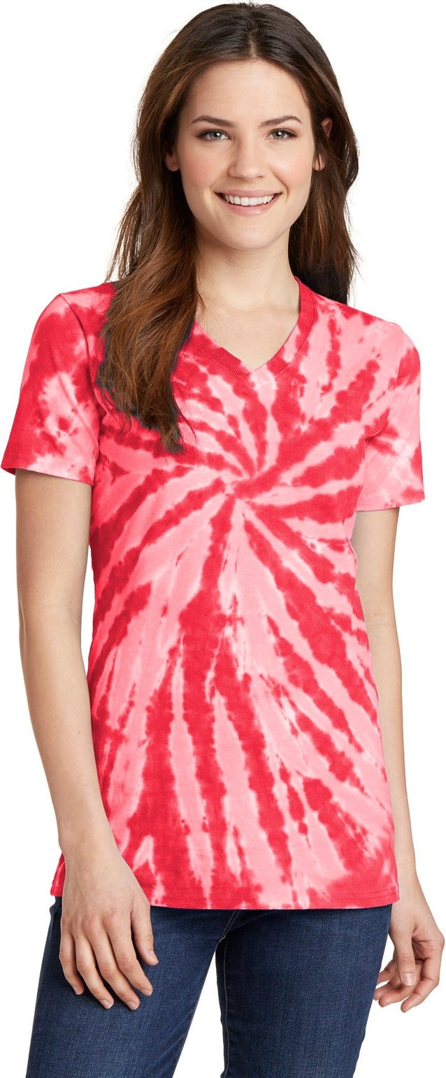 Front View of Red Port & Co Women's Tie-Dye V-Neck Tee. LPC147V