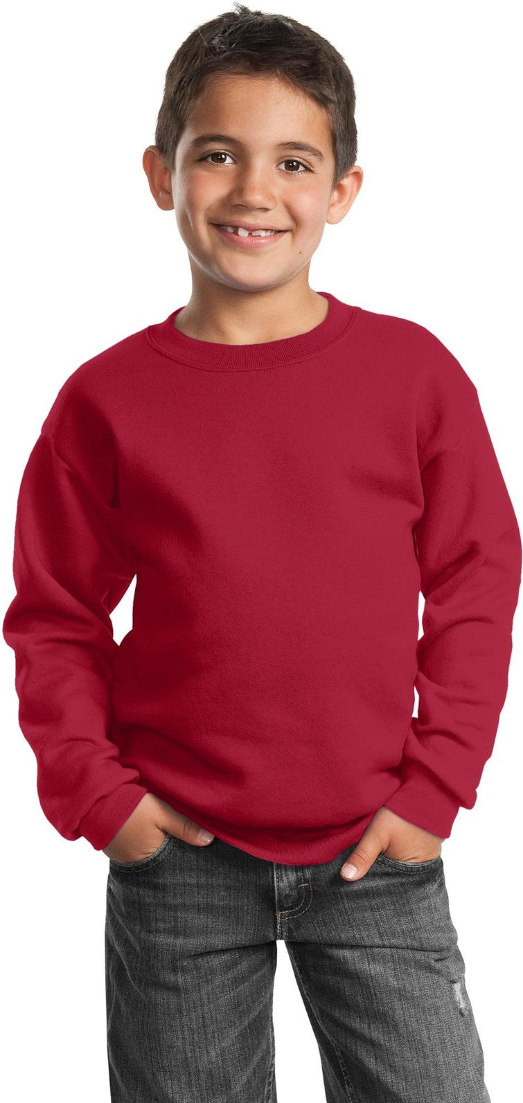 Front View of Red Port & Co Youth Core Fleece Crewneck Sweatshirt. PC90Y