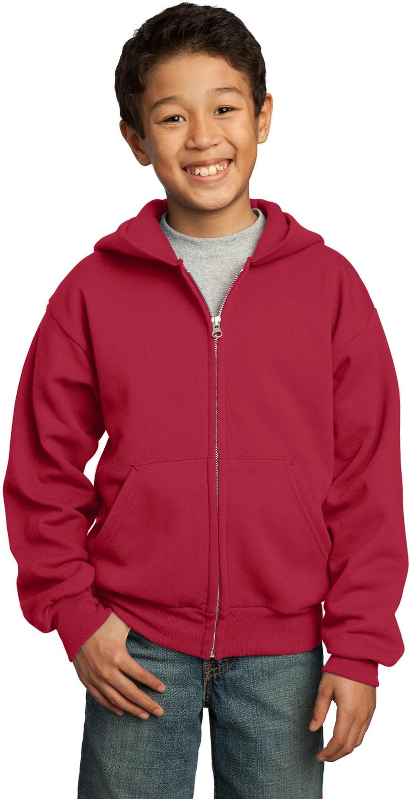 Front View of Red Port & Co Youth Core Fleece Full-Zip Hooded Sweatshirt. PC90YZH