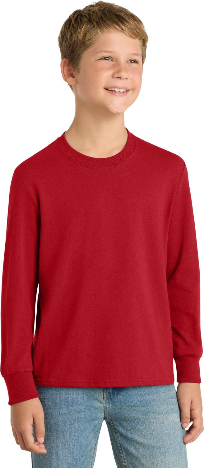 Front View of Red Port & Co Youth Long Sleeve Core Cotton Tee. PC54YLS