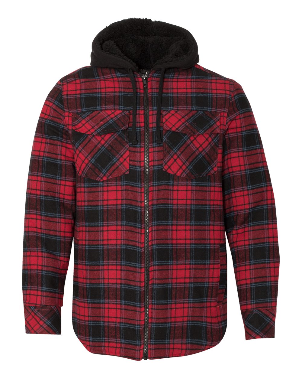 Front View of Red Quilted Flannel Hooded Jacket - 8620