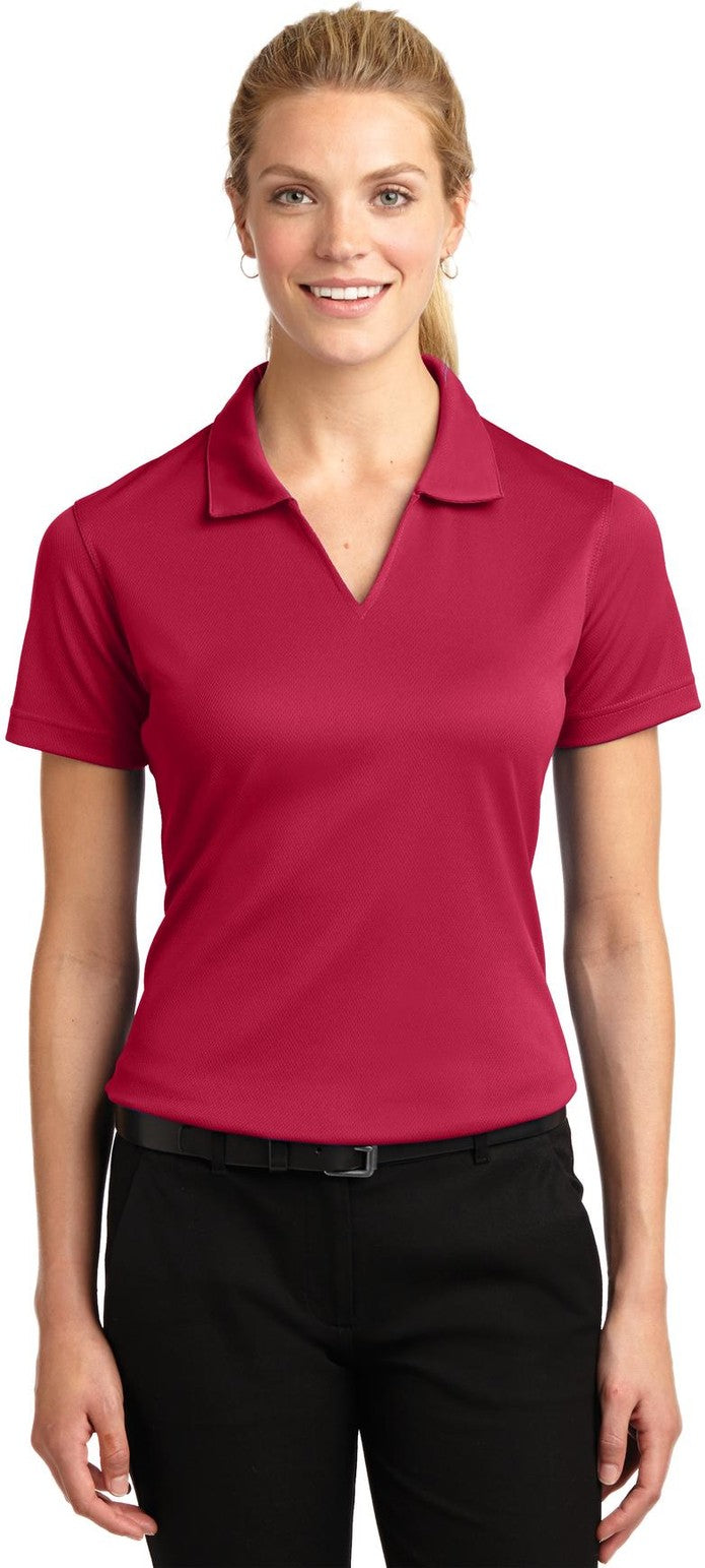 Front View of Red Sport-Tek Women's Dri-Mesh V-Neck Polo. L469