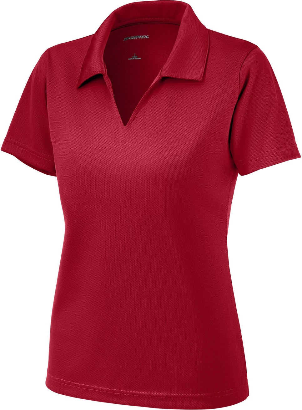 Front View of Red Sport-Tek Women's Dri-Mesh V-Neck Polo. L469