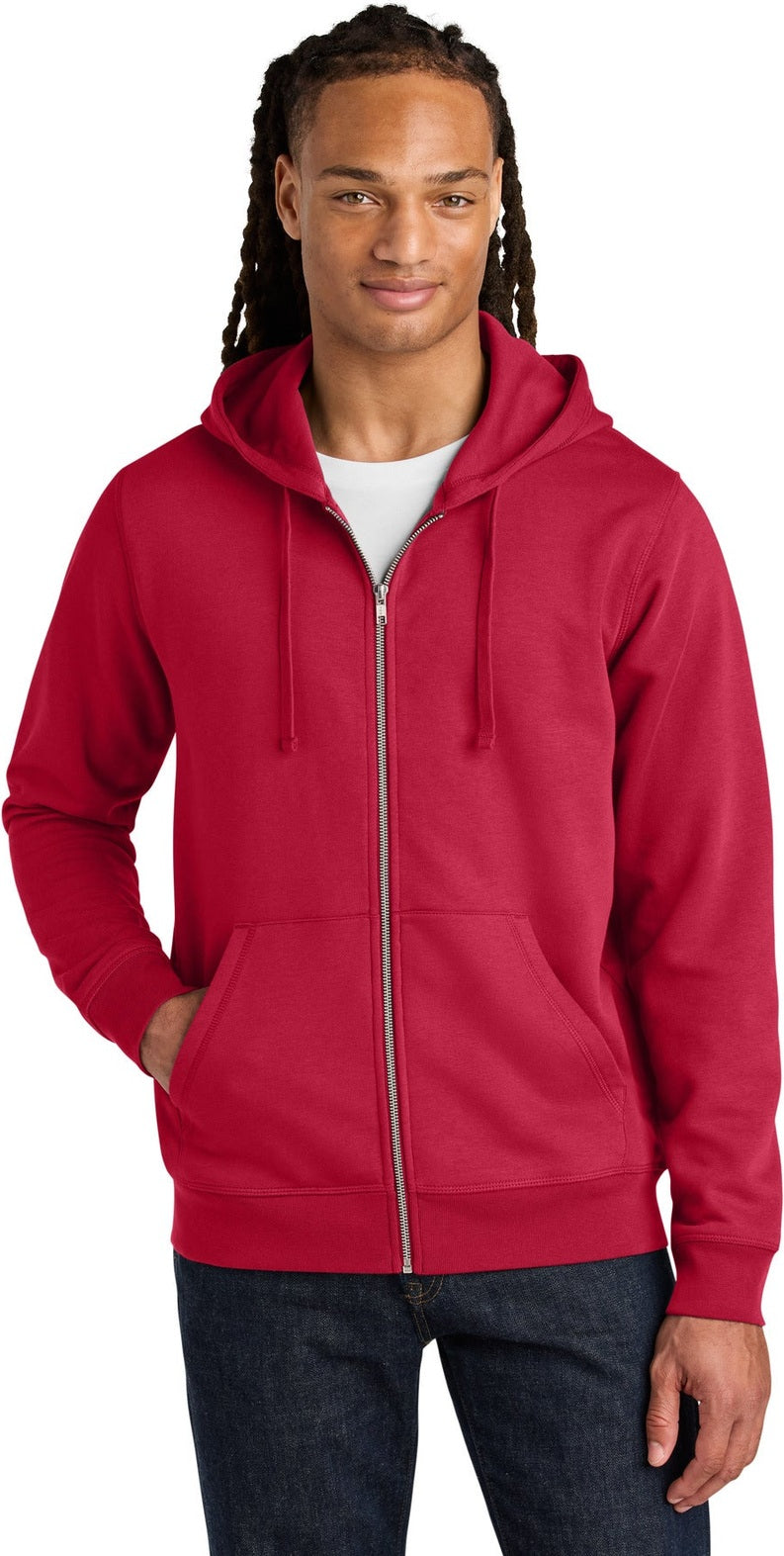 Front View of Red Stanley/Stella Unisex Mixer Full-Zip Hooded Sweatshirt SXU011