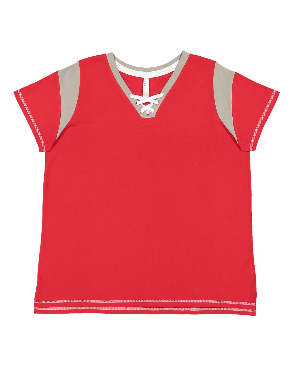 Front View of Red/ Titanium/ White Women's Curvy Lace Up Fine Jersey Tee - 3833