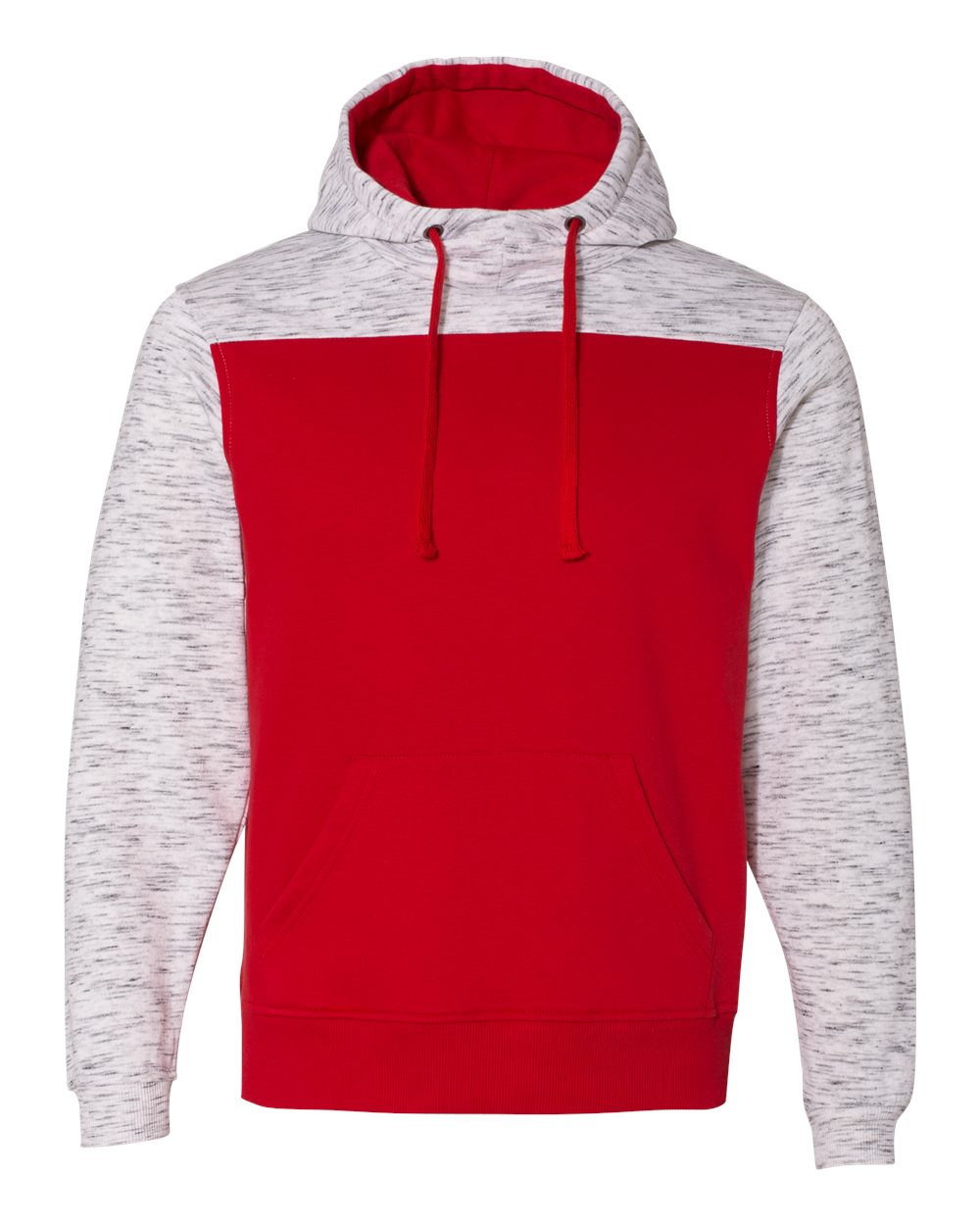 Front View of Red/ White Mélange Fleece Colorblocked Hooded Sweatshirt - 8676