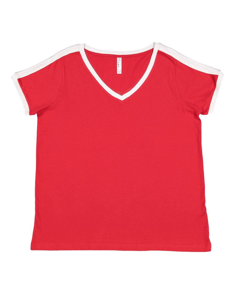Front View of Red/ White Women's Curvy Retro Ringer Premium Jersey V-Neck Tee - 3832